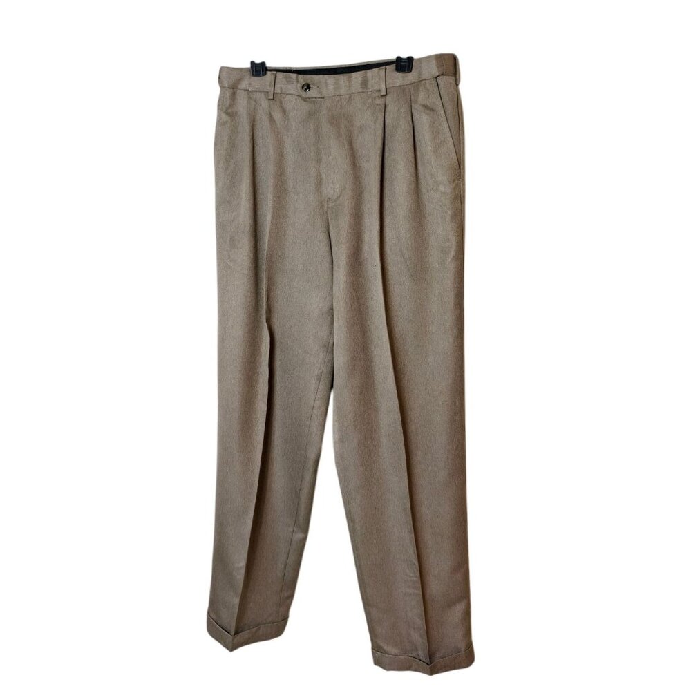 George Mens Dress Pants 34 X 32 Pleated Front Cuffed Heather Taupe Microfiber